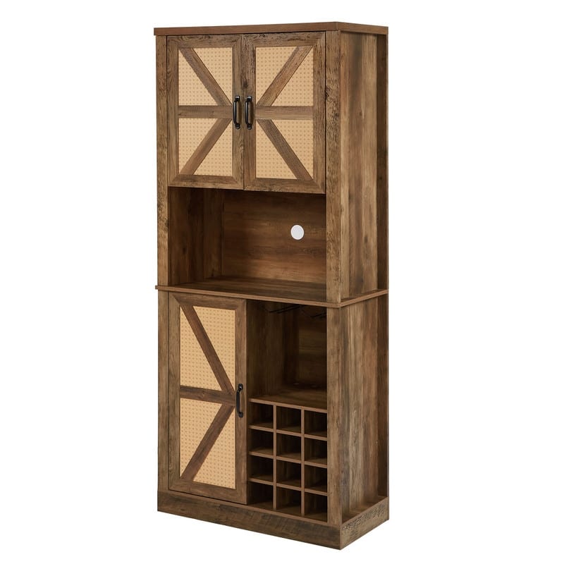 76-Inch Tall Faux Rattan Wine Cabinet with Square Compartments and Microwave Shelves