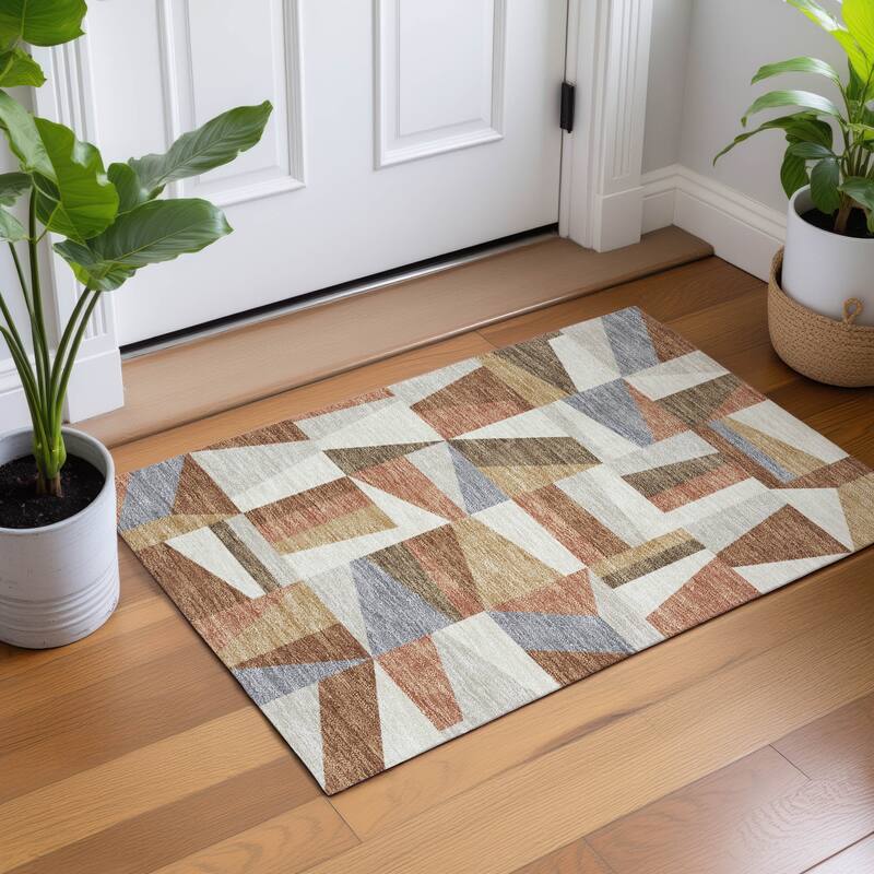 Machine Washable Indoor/ Outdoor Contemporry Mosaic Chantille Rug