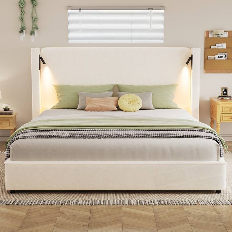 Upholstered Bed Frame with High Wingback Headboard Reading Lamp and USB port