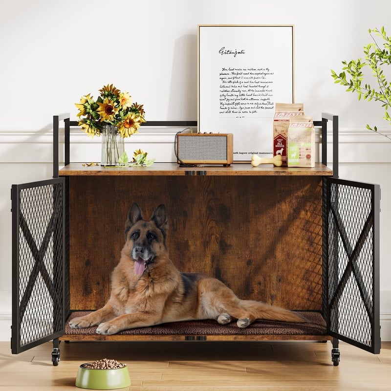 Heavy Duty Dog Crate Furniture withLockable Wheels Kennel End Table - Large(51-75 Pounds)