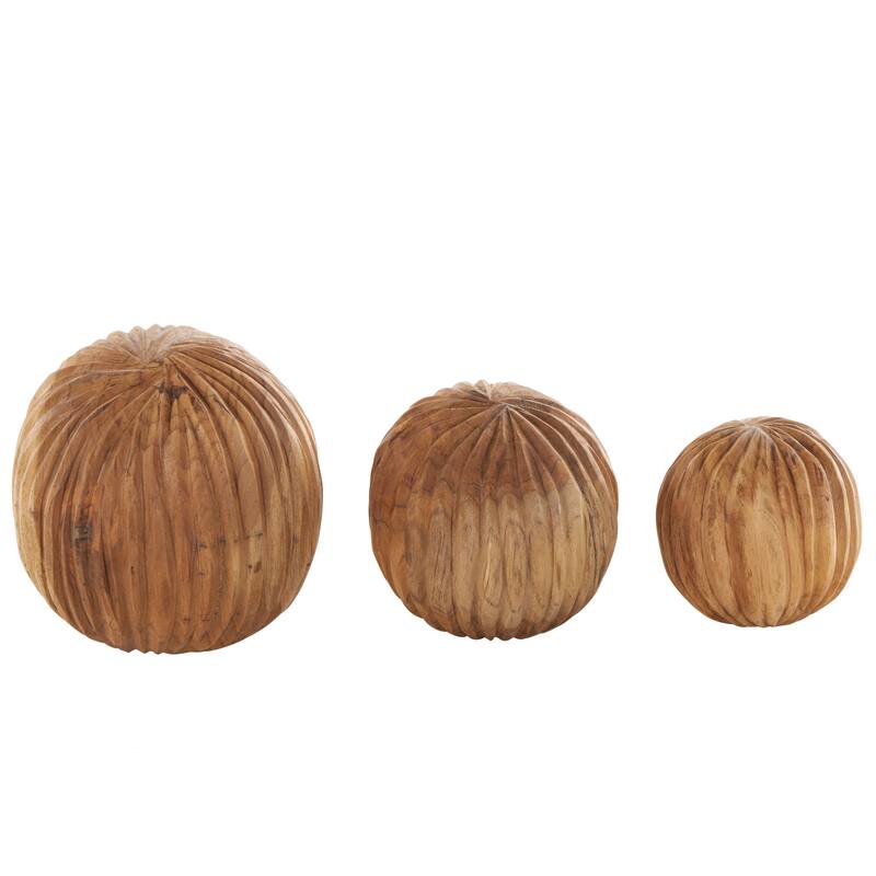 Brown or Black Teak Wood Handmade Carved Textured Orbs & Vase Filler with Ridges (Set of 3)