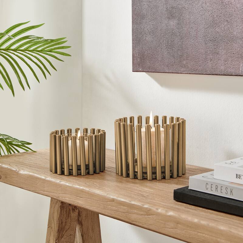 Pillar Ring Hurricane Candle Holders - 7.25" - Gold and Clear - Set of 2