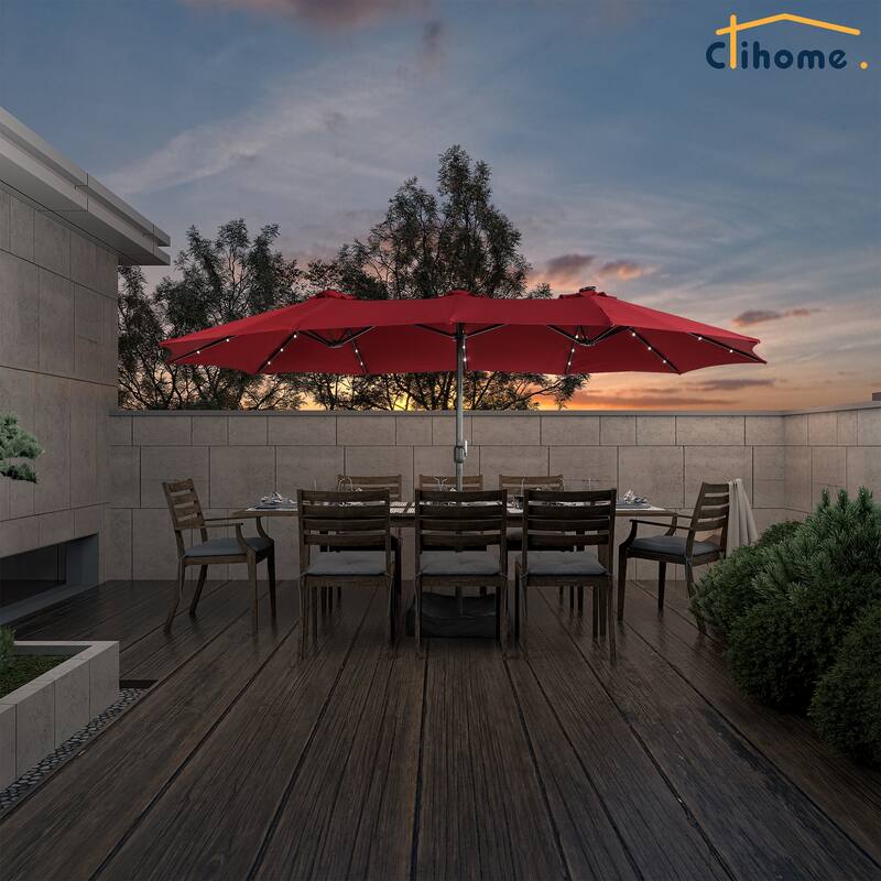 Clihome 15FT Double-Sided Solar Light Market Crank Umbrella with Base