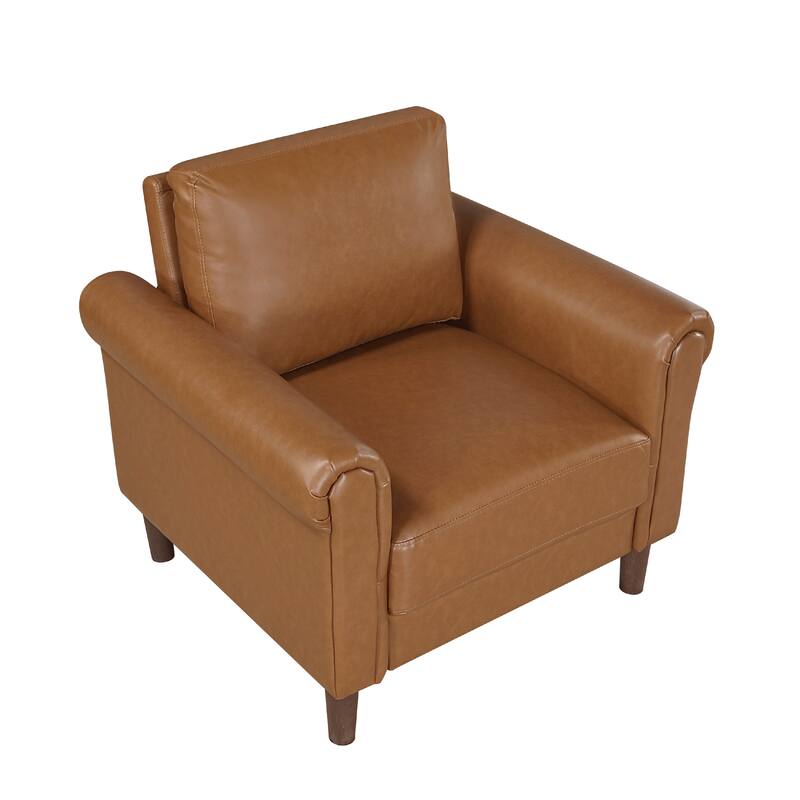 Lo Accent Armchair w Rolled Arms, Mid Century Brown Faux Leather
