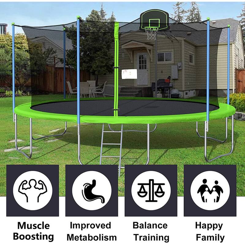 16Ft Trampoline with Enclosure Net Basketball Hoop - High Weight Capacity Big Outdoor Trampoline for Kids and Adults