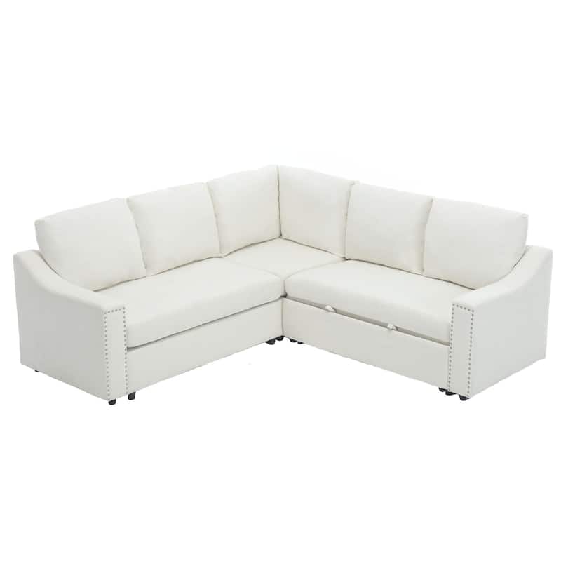 Beige 81.5'' L-Shaped 5-Seater Sectional Sofa with Pull-Out Bed and Six Pillows, Multifunctional Corner Couch for Living Areas