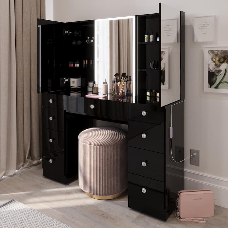 Boahaus w/Tri-Fold Lighted Makeup Vanity Desk With Glam Glass Top 9 Drawers Crystal knobs - Black