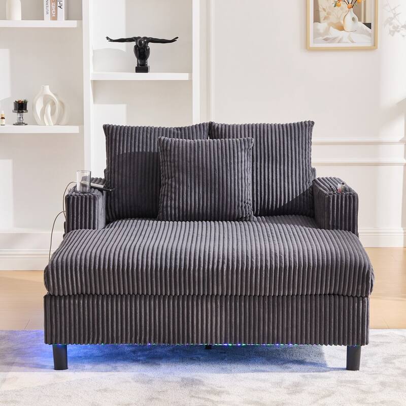 Modern Corduroy Oversized Recliner Sofa with Deep Seat, 3 Pillows, USB Charging, RGB LED Light Strip, Cup Holder, Side Pocket