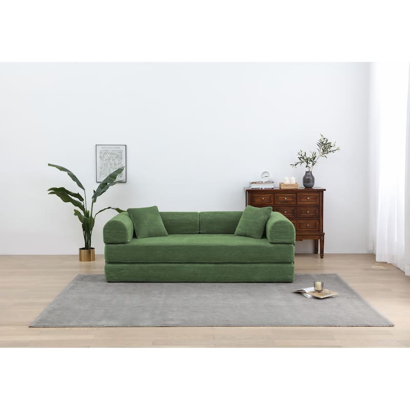 Convertible Sleeper Sofa Bed with Cylindrical Pillow - Corduroy Folding Mattress Couch with Fixed-Shape Frame