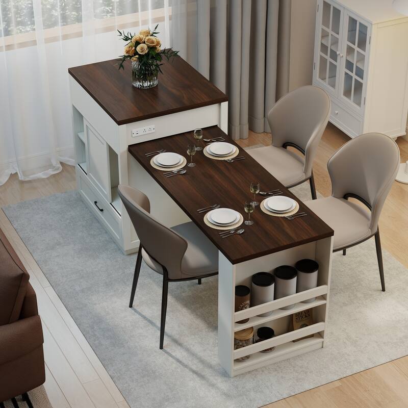 83.1"Extendable Kitchen Island with Slide Out Table and Storage Racks,Kitchen Island with Tempered Glass Doors,Power Outlet