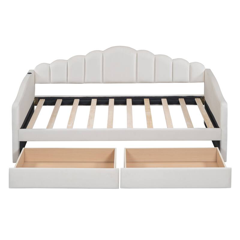 Velvet Twin Daybed with Storage Drawers and USB Ports, No Box-Spring Needed