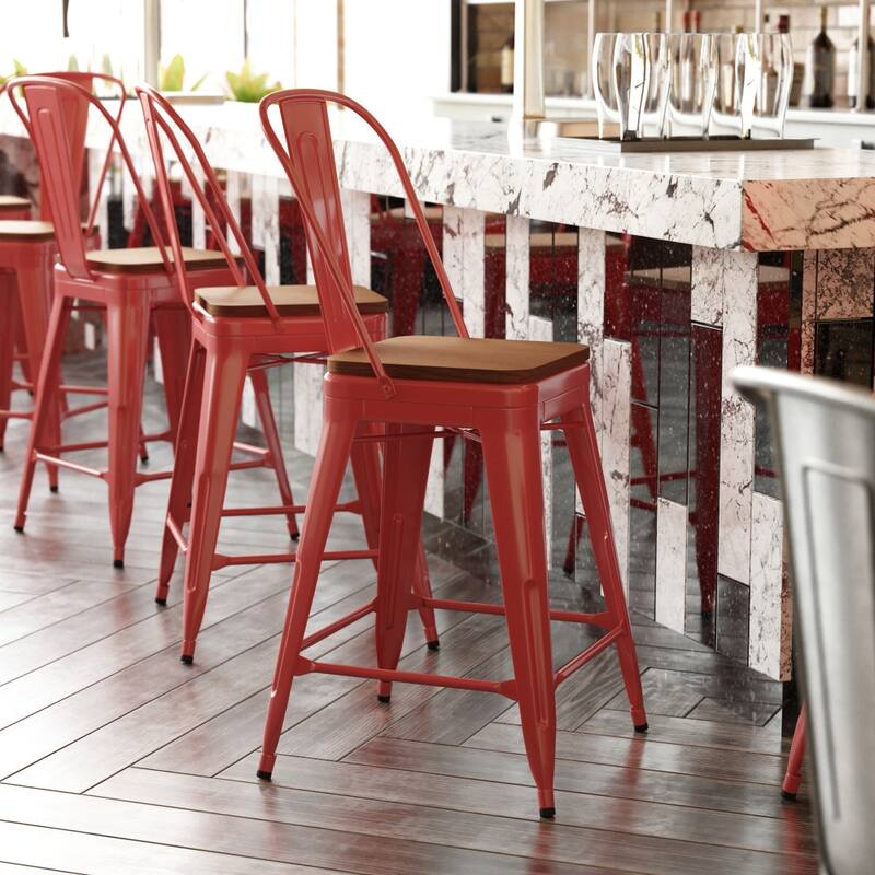 All-Weather Commercial Counter Stool with Removable Back & Poly Resin Seat - Red/Teak