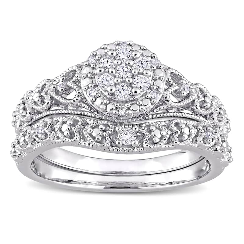 Miadora Sterling Silver 1/5ct TDW Diamond Composite Halo Heart Vintage Bridal Ring Set
