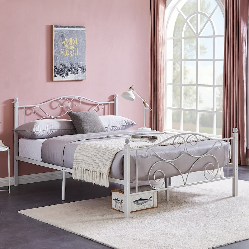 Javlergo White Queen Size Metal Platform Bed Frame with Headboard and Footboard No Box Spring Needed