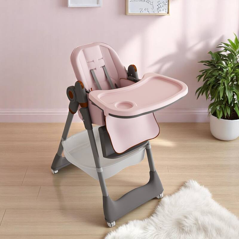 KISRAIS Portable Adjustable Baby High Chair with Safety Belt, Silent Lockable Wheels - Pink