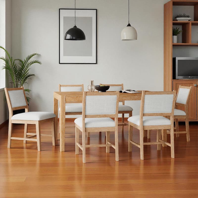 7-Piece Retro Farmhouse Dining Table Set, 59.8" Wood Rectangular Table with 6 Upholstered Chairs for Dining Room