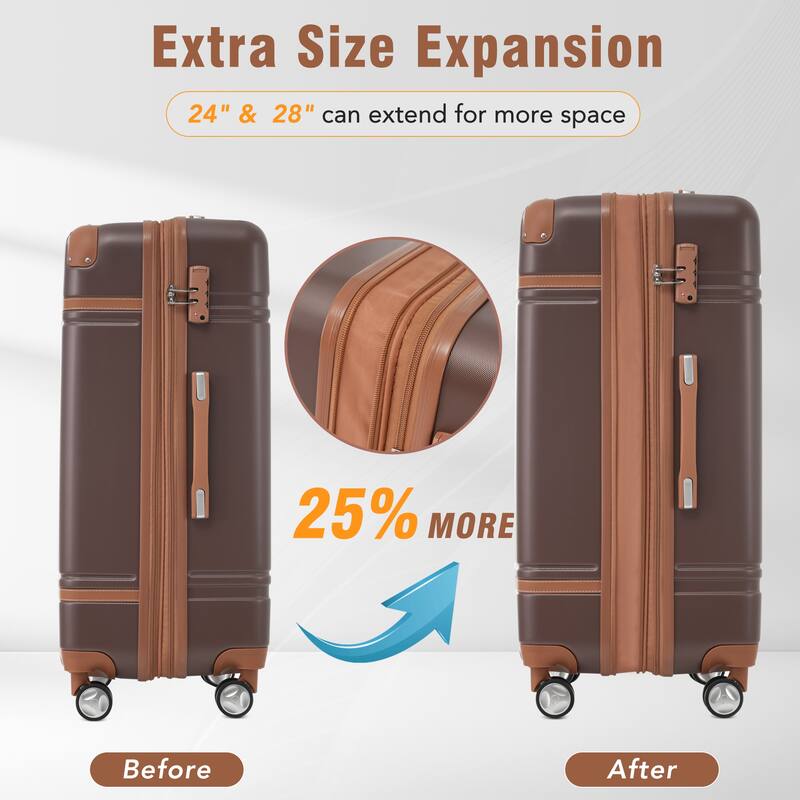 3-Piece, 20, 28-Inch Modern Luggage Sets, Hard-shell Luggage with 1 Makeup Bag TSA Lock, for Boarding Travel, Brown