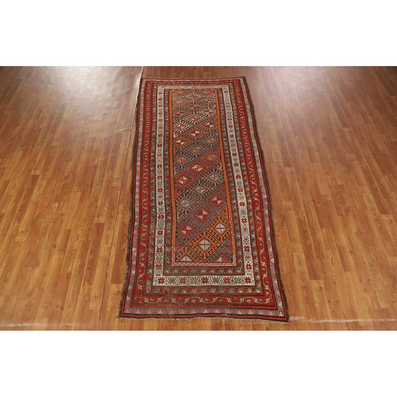 Hand Knotted Oriental 100% Wool Carpet Traditional Geometric Oranges & Rust Kazak Runner Rug - 8' 6'' X 3' 8''