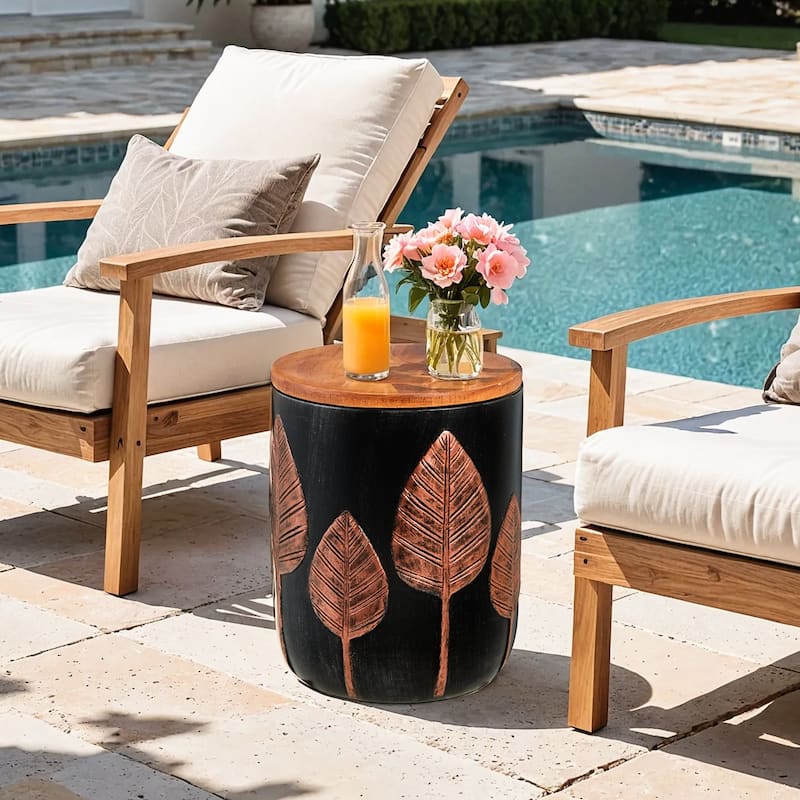 EROMMY Outdoor Side Table with Storage, Round Accent Table for Indoor and Outdoor Use, Rustic Side Table with Storage