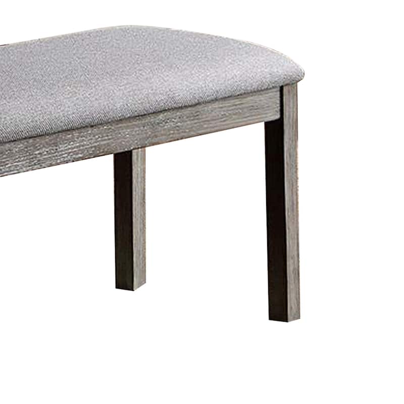 Lais 45 Inch Dining Bench, Wired Brushed Gray Wood, Gray Fabric Padded Seat