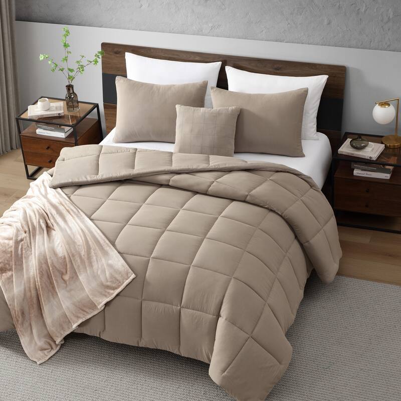 Kenneth Cole Reaction Box Stitch Stonewashed Solid Comforter Set Reversible (Brown, 5 Piece)