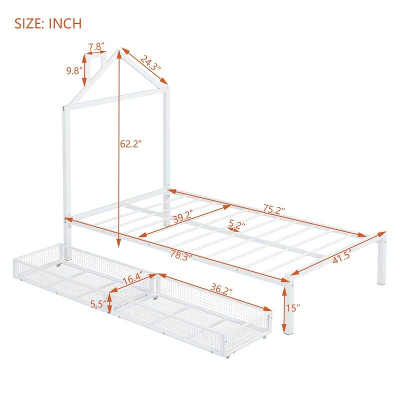 Twin Size Metal Platform Bed with House Design and 2 Storage Drawers