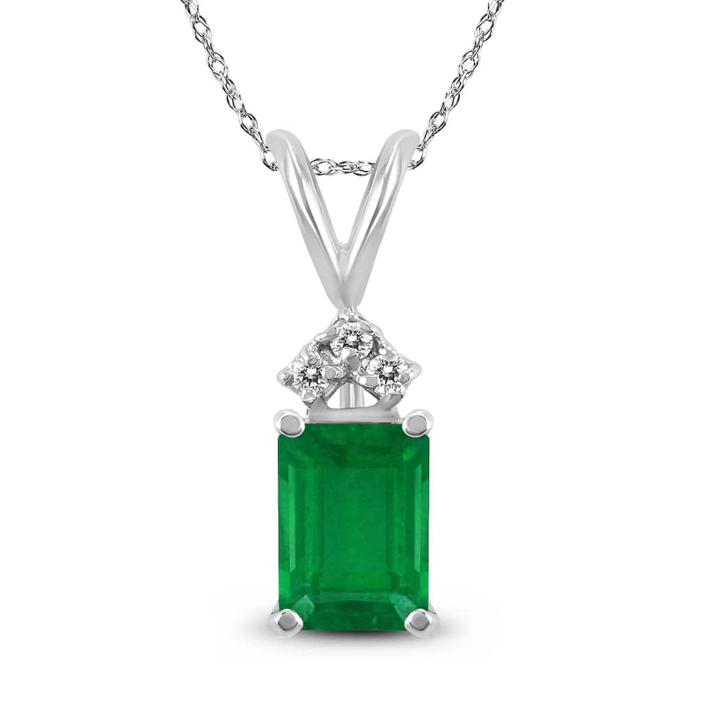 Marquee 14K White Gold 6x4MM Emerald Shaped Emerald and Diamond Pendant