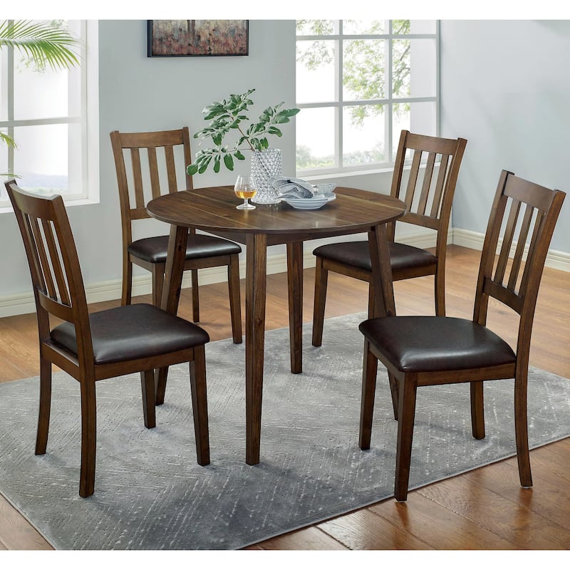 5 Piece Round Dining Table Set, Solid Wood Dining Room Furniture Set with Dining Table and 4 Side Chairs with Padded Seat - Walnut Brown