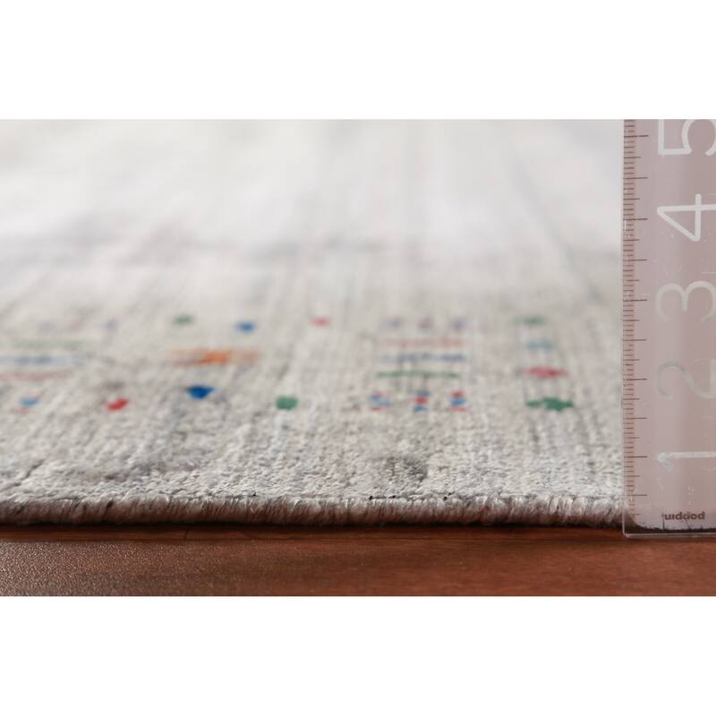 Hand Knotted Oriental Viscose Silk Carpet Tribal Stripe Greys & Charcoal Gabbeh Area Rug - 9' 11'' X 7' 10''