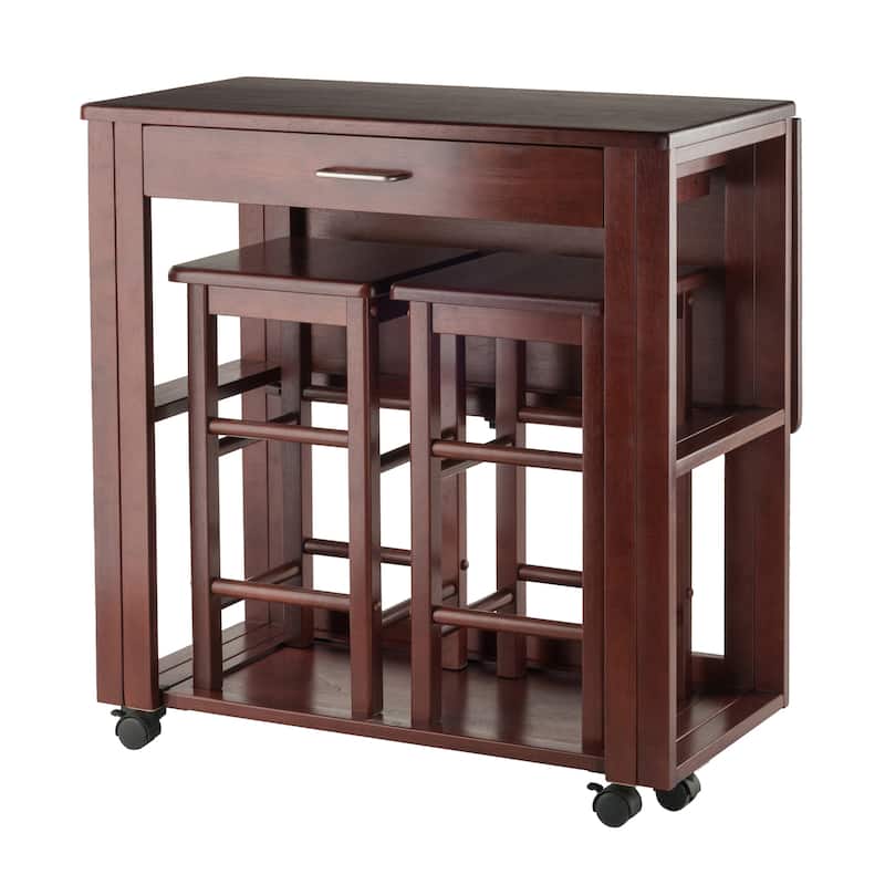 3 Piece Compact Kitchen Table Set with Storage Drawer and Rolling Casters - 30.63 x 31.57 x 31.73 inches
