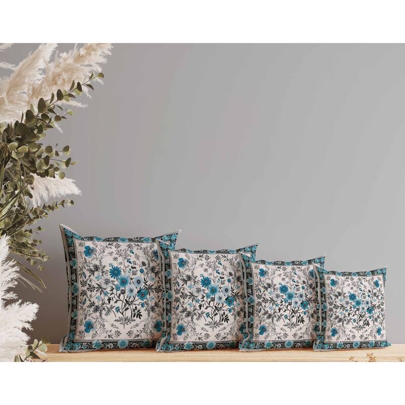 Garden Glory Indoor/Outdoor Reversible Throw Pillow Cyan and Black