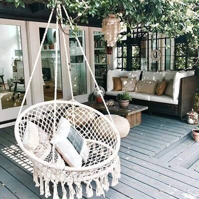 Hammock Chair Macrame Swing, Handmade Knitted Hanging Cotton Rope Chair for Indoor/Outdoor Home Patio Deck Yard Garden