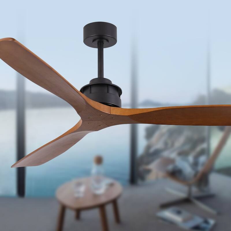 52''/60" Large Ceiling Fan without Lights, Remote Control and Reversible Motor Included, 3 Wood Blades - Black With Brown Wood Blades - 60 Inch