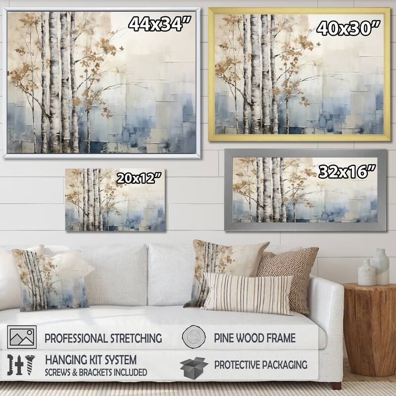 Designart "Blue And White Forest Winter Harmony" Forest Framed Wall Art Living Room