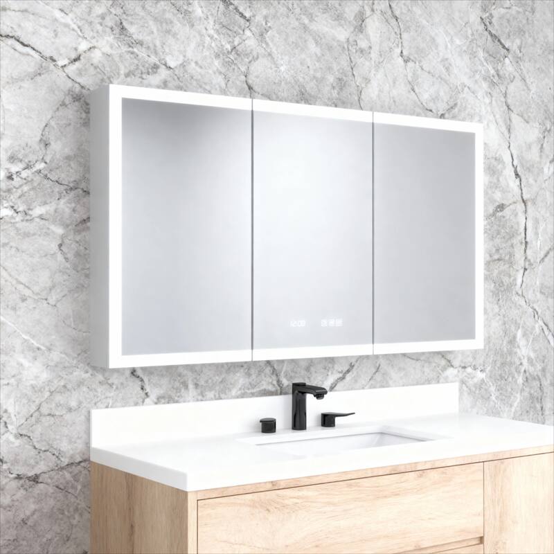 Rectangular Aluminum Recessed/Surface Mount Medicine Cabinet in Silver with Mirror LED and Clock