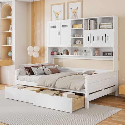 Full Size Wood Daybed with Built-In Cabinet, Bookshelf & 2 Storage Drawers, No Box Spring Needed, Space-Saving Bed Frame