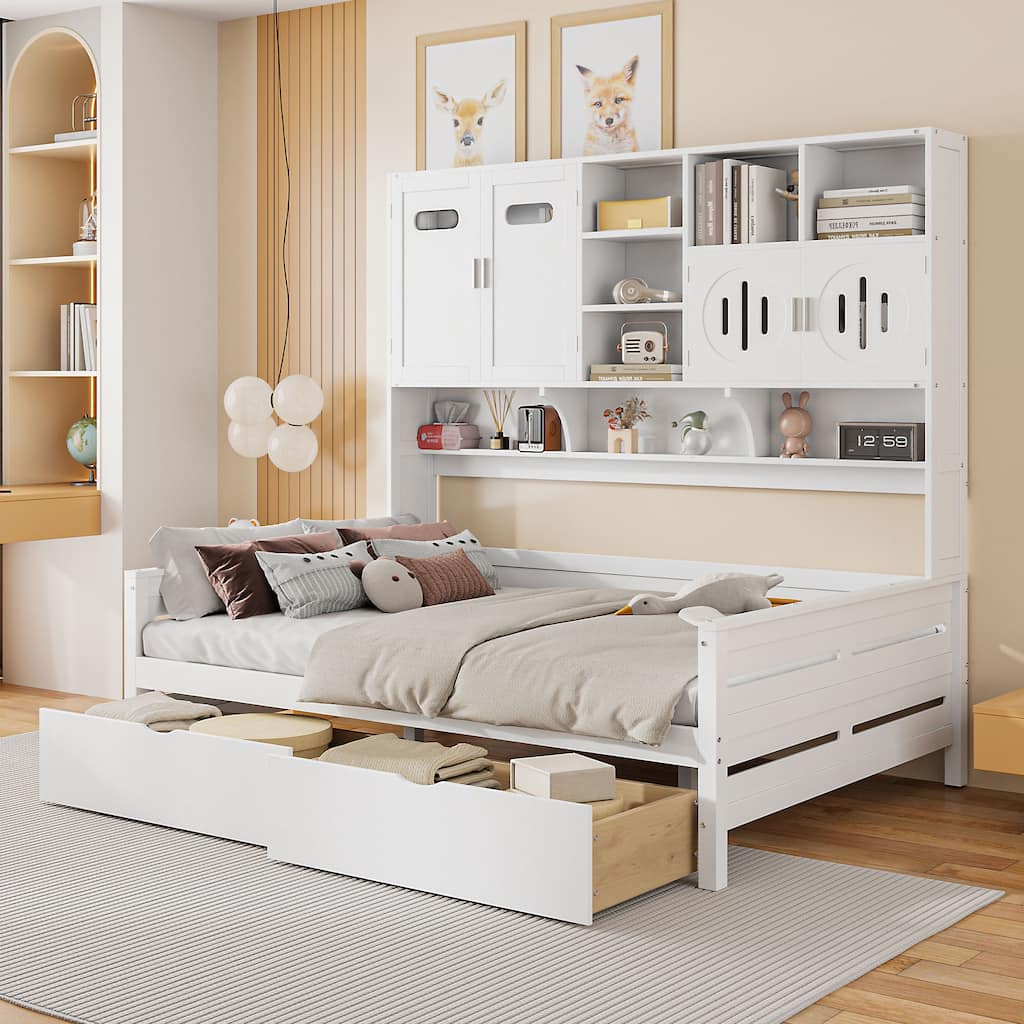 Full Size Wood Daybed with Built-In Cabinet, Bookshelf & 2 Storage Drawers, No Box Spring Needed, Space-Saving Bed Frame