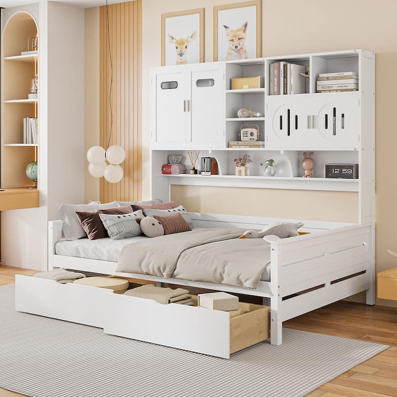 White Full Size Wooden Daybed with 2 Drawers, Cabinet & Shelf - White - Full