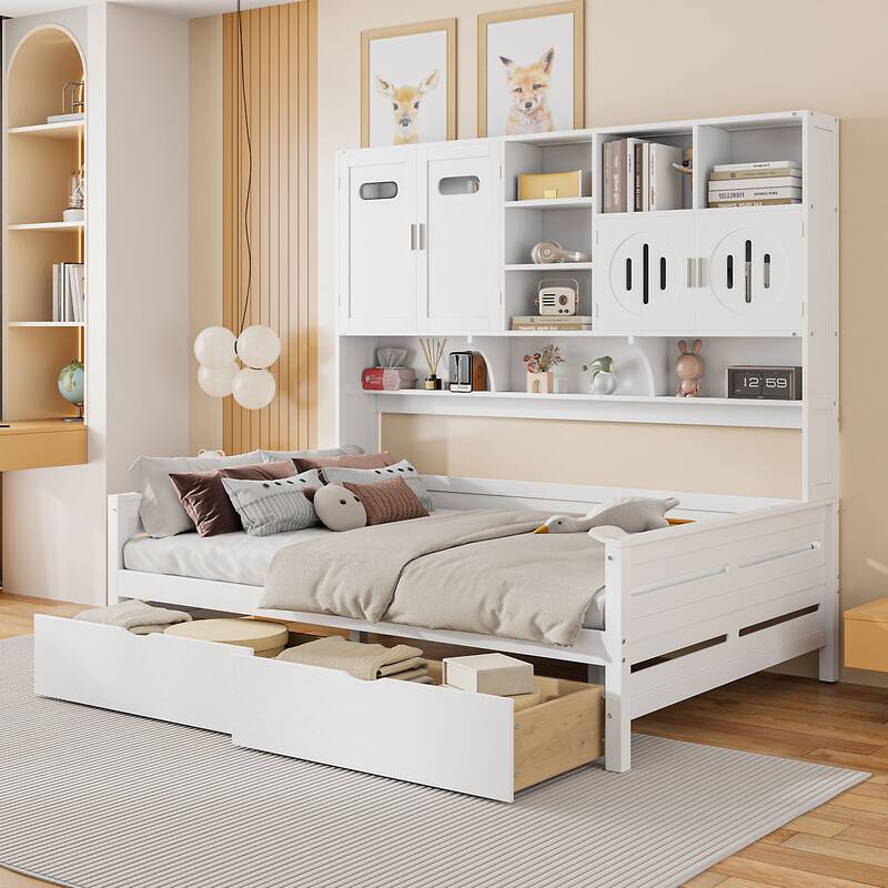 White Full Size Wooden Daybed with Storage Drawers and Built-in Cabinet & Shelf - White