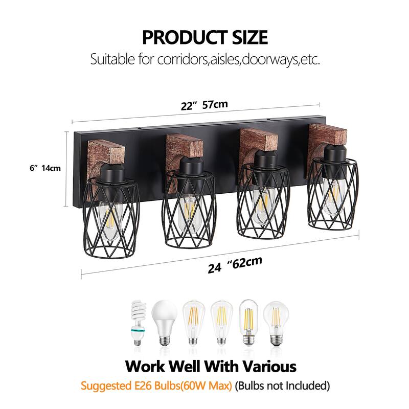 24" Industrial Vintage 4-Light Wall Sconce, Cage Wall Lighting Fixture