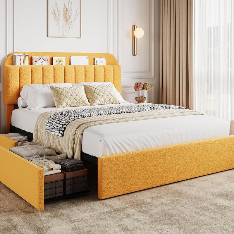 Bed Frame with 2 Drawers, Boucle Upholstered - Yellow - Full