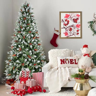 6FT Christmas Tree with 1593 Tips,Red Berries & Pine Cones-Snow-Dusted PE+PVC Branches,Hinged Design for Easy Setup