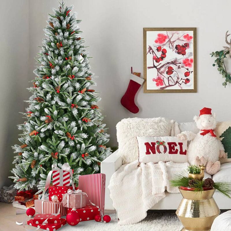 8FT Christmas Tree with 2850 Tips, Red Berries & Pine Cones - Snow-Dusted PE+PVC Branches, Hinged Design,Metal Stand - Green,White