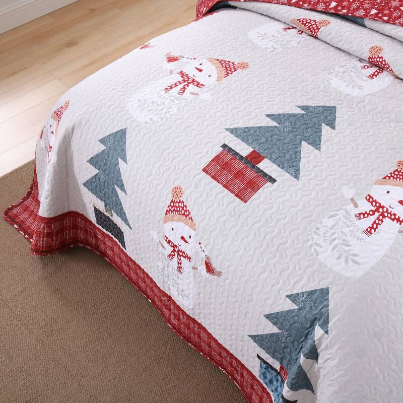 3 Pcs Snowman & Tree Christmas Quilt Bedspread Set