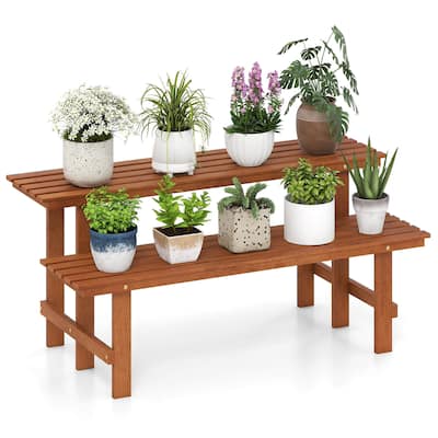 Costway 2 Tier Wood Plant Stand with Teak Oil Finish Indoor & Outdoor - See Details