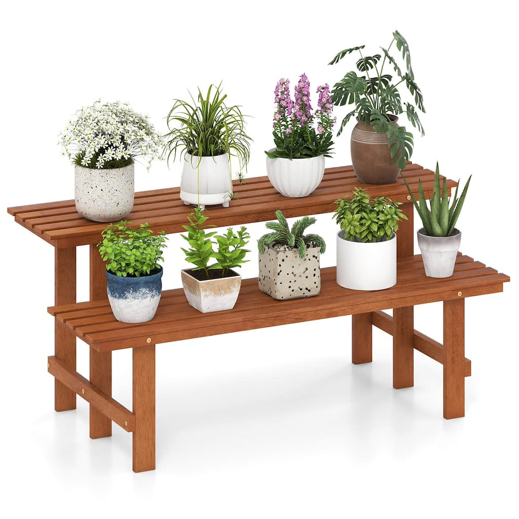 Costway 2 Tier Wood Plant Stand with Teak Oil Finish Indoor & Outdoor - See Details