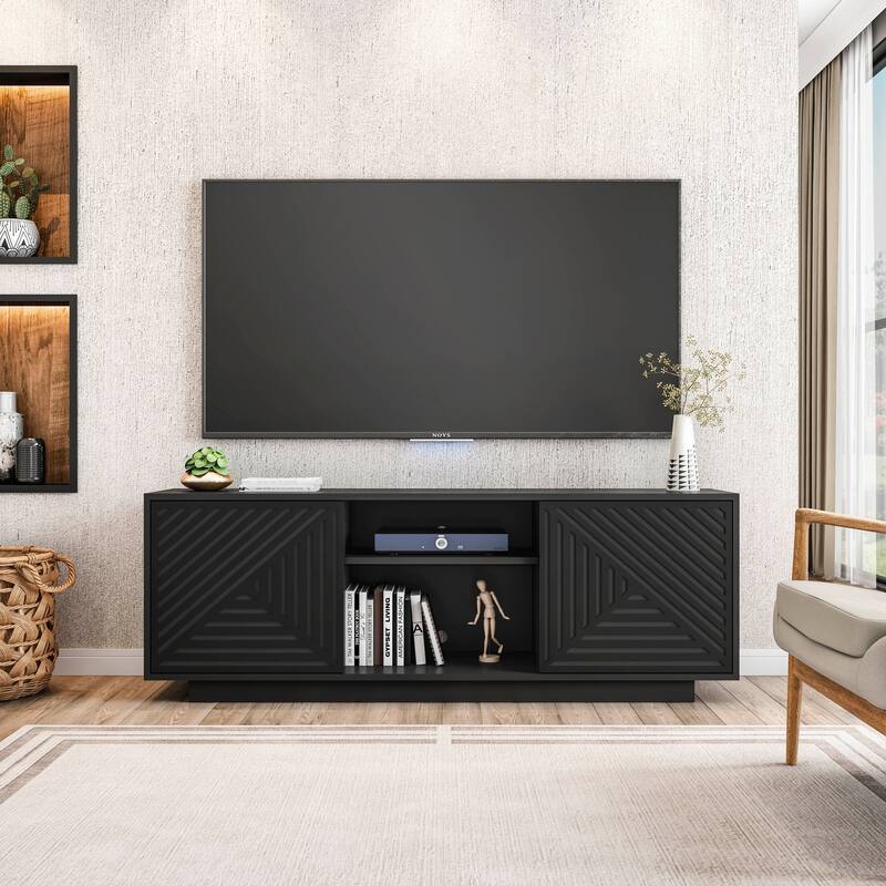 63" Modern TV Stand with Storage for 70" TV, Stylish Patterned Doors, Black & Oak Finishes, Cable Management Console - Black