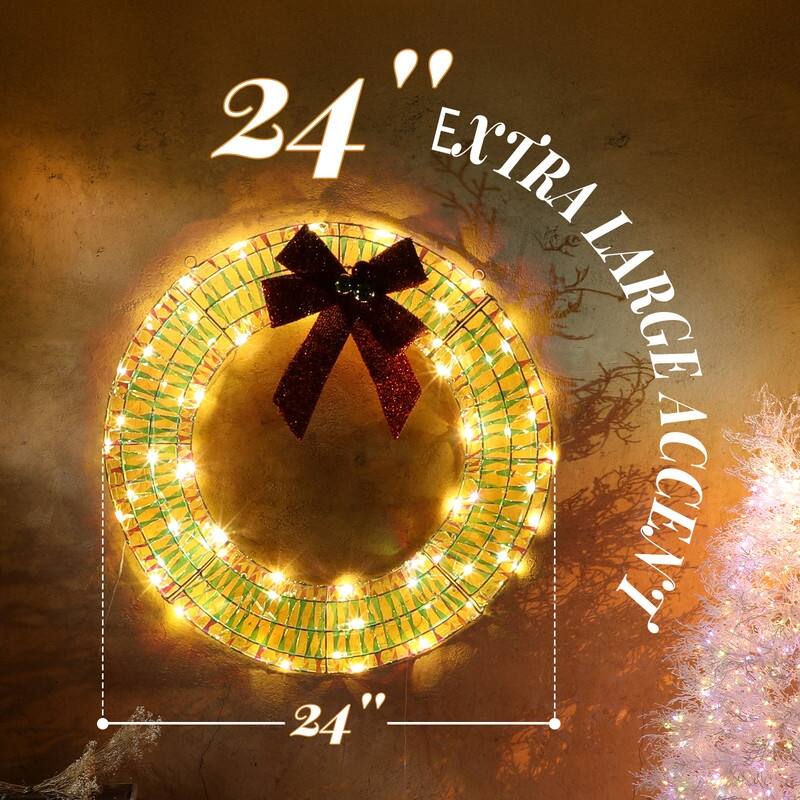 24in Pre-lit Iridescent Outdoor Christmas Wreath Decoration, Lighted Metal Wreath for Front Door Gate Wall Holiday Party