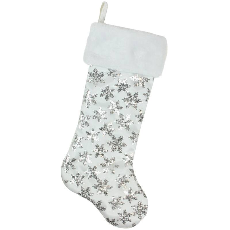 19 White and Silver Sequin Snowflake Christmas Stocking - 19"