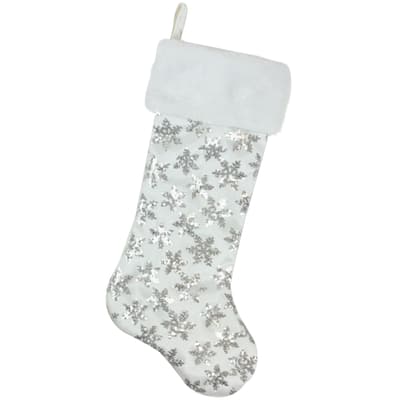 19 White and Silver Sequin Snowflake Christmas Stocking - 19"